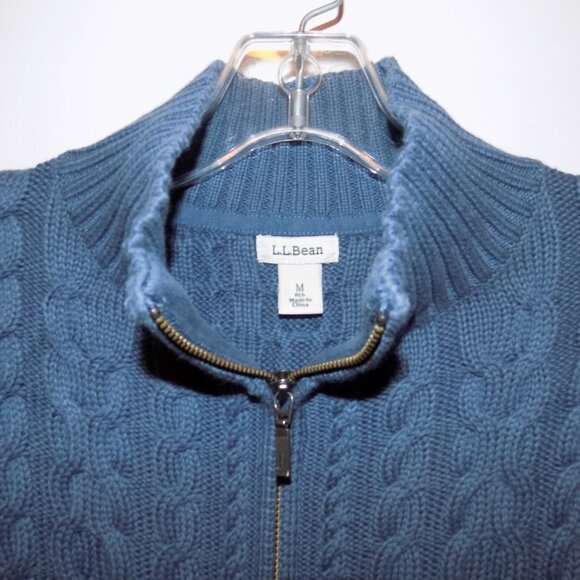 LL Bean Double L Cable Sweater Zip Front Cardigan Blue Medium Cotton Vtg Granny - Picture 2 of 5